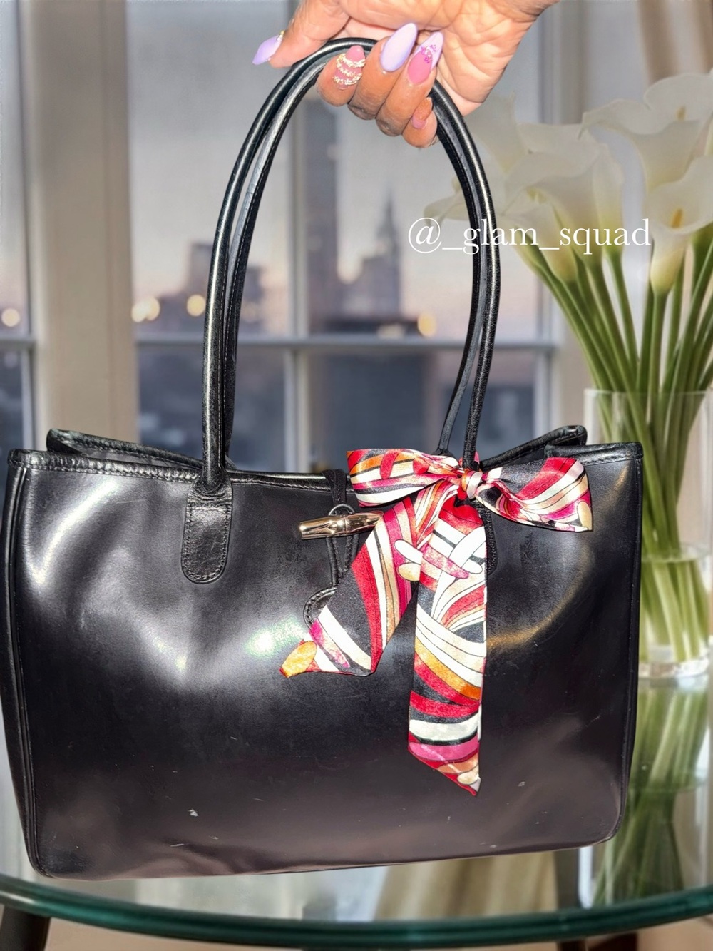 Vintage Longchamp Roseau Black Leather Toggle Tote Shoulder Bag